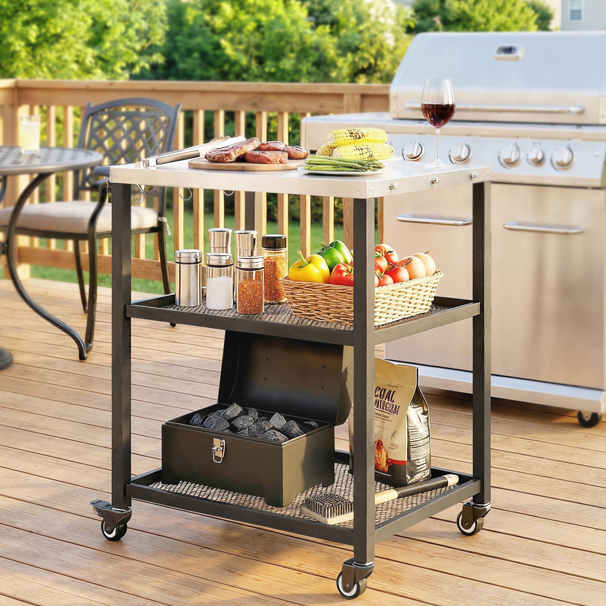Outsunny Outdoor Grill Cart with Stainless Steel Tabletop, 3-Tier Pizza Oven Stand with Adjustable Shelf, Hooks, Wheels, Black