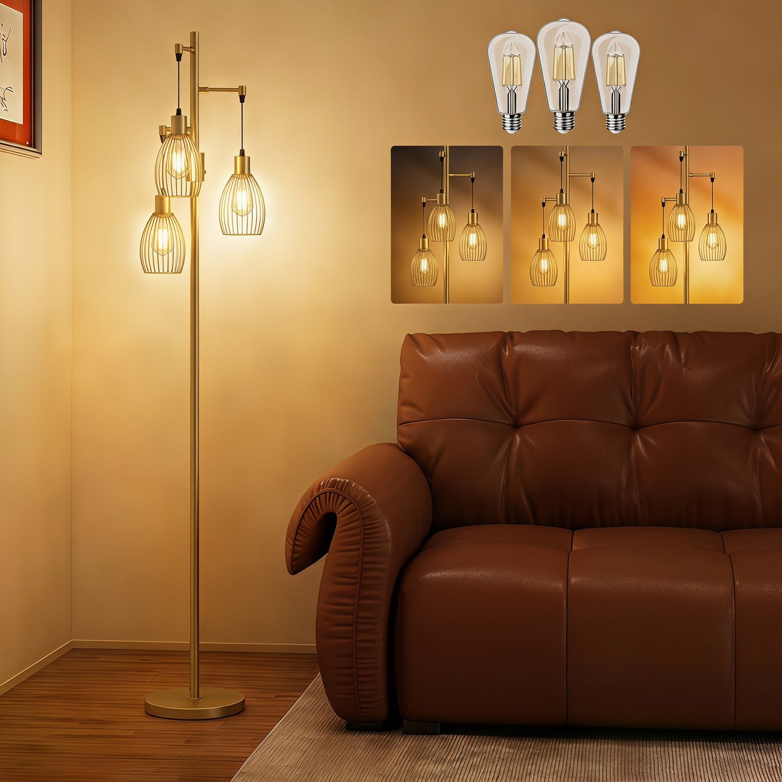 HOMCOM 170.5cm Industrial Dimmable Standing Lamp, 3-Light Floor Lamp with Steel Wire Cage Lampshades, Gold Tone