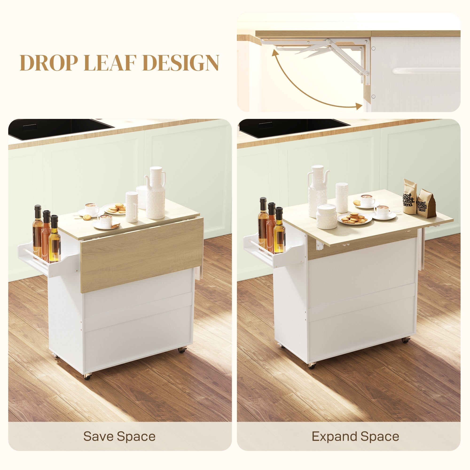 HOMCOM Rolling Kitchen Island with Drop Leaf, Kitchen Storage Cart with Drawer, Spice Rack and Towel Rack, White