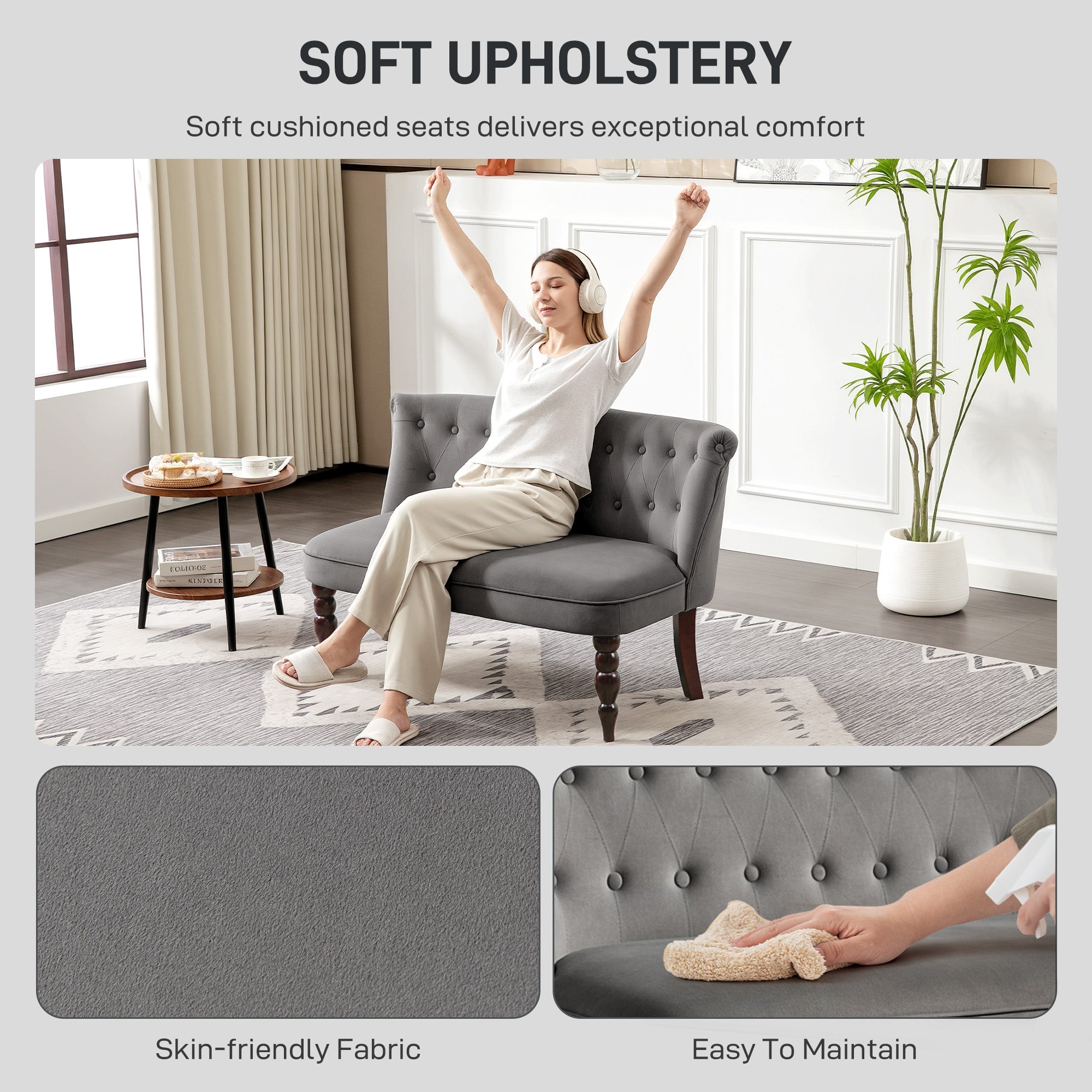 HOMCOM Velvet 2 Seater Sofa, Button Tufted Wingback Loveseat with Rubber Wood Legs for Living Room, Bedroom, Charcoal Grey