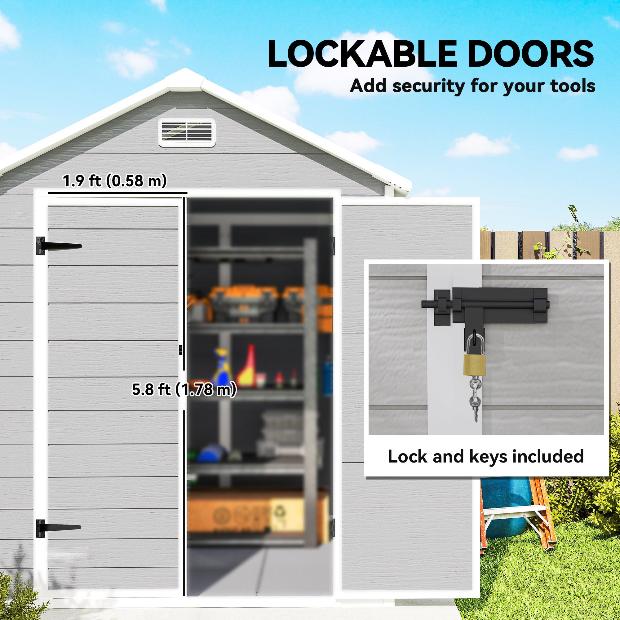 Outsunny 6 x 5ft Garden Shed, Plastic Shed with Floor, Window, Lockable Doors and Vents, Wood Effect Resin Tool Shed for Outdoor Patio, Light Grey