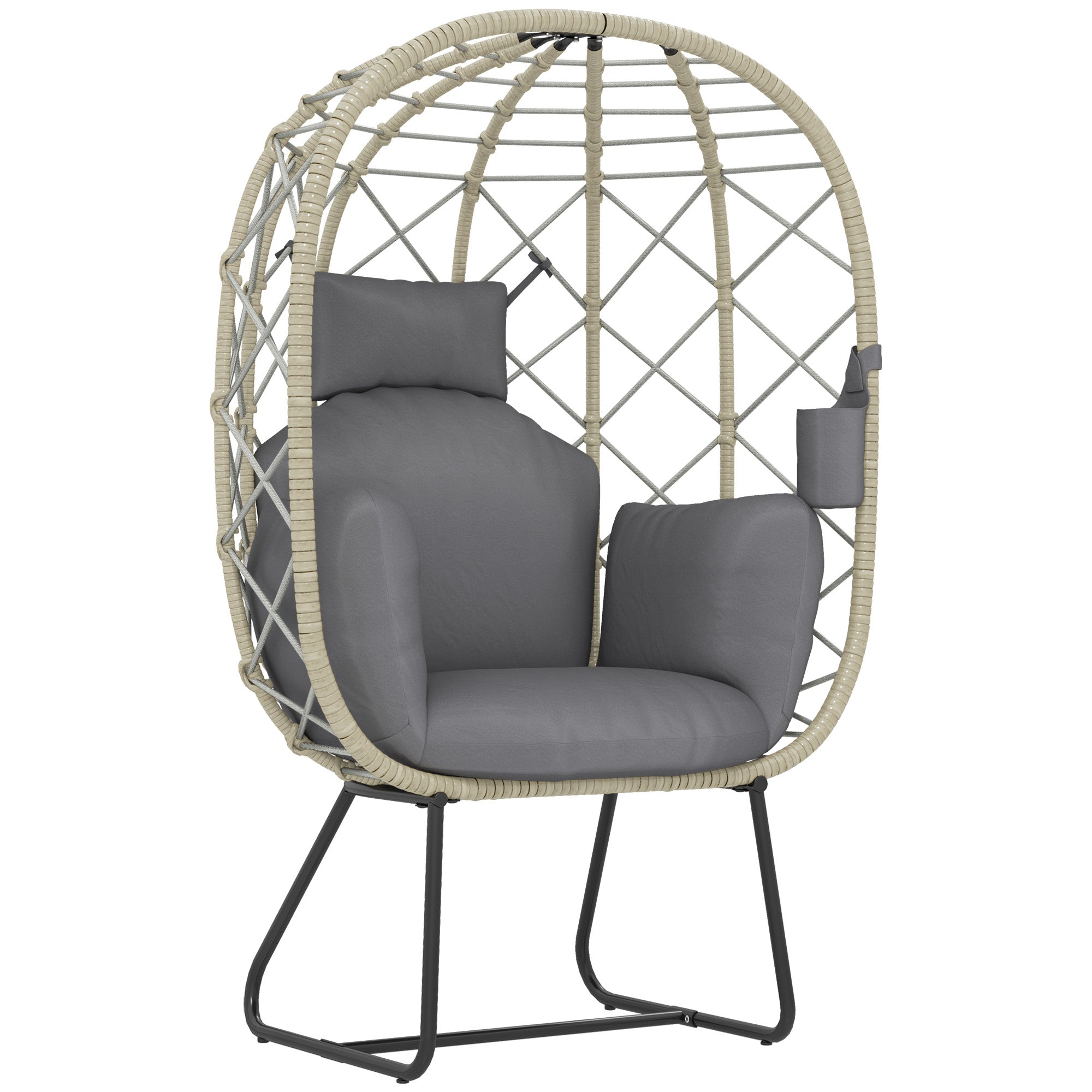 Outsunny Rattan Egg Chair Outdoor Indoor Wicker Chair with Thickened Cushion and Headrest, Standing Garden Egg Chair with Cup Holder, Metal Frame for Patio, Balcony, Grey