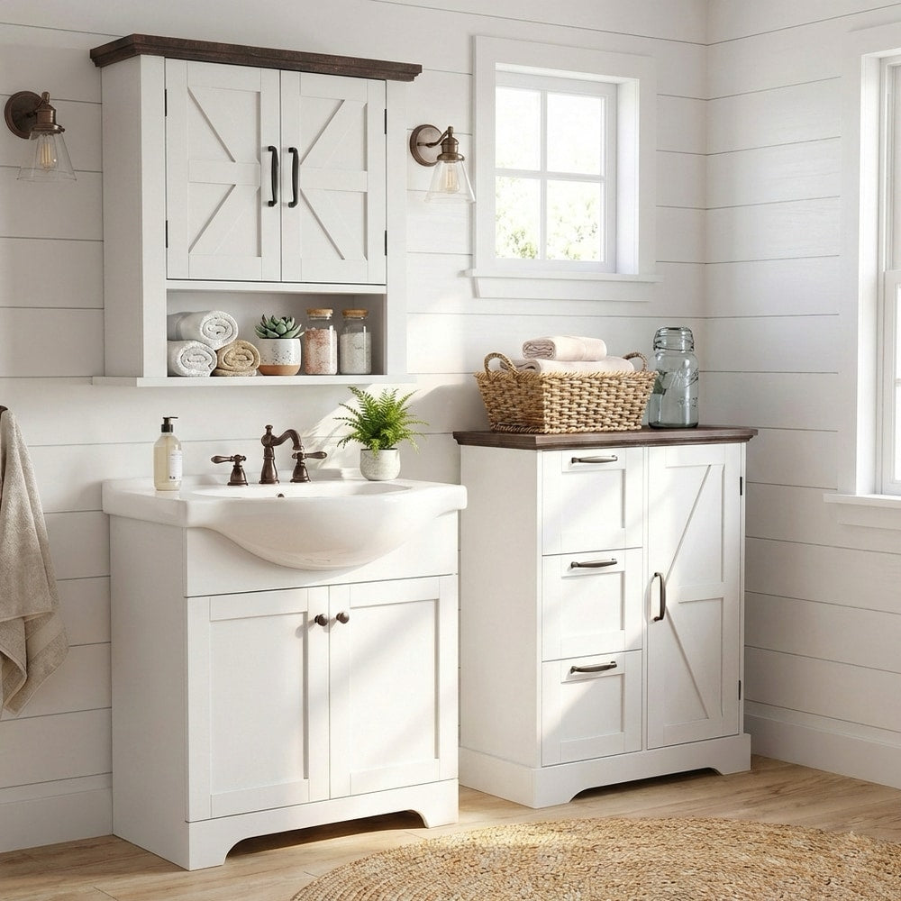 The bathroom wall cabinet and floor cabinet placed next to a sink unit in a rustic bathroom
