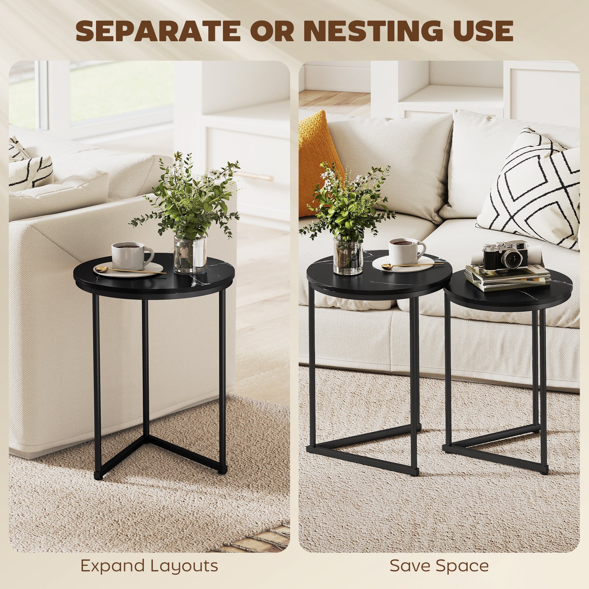 HOMCOM Set of Two Marble-Effect Nest of Tables - Black Marble Effect