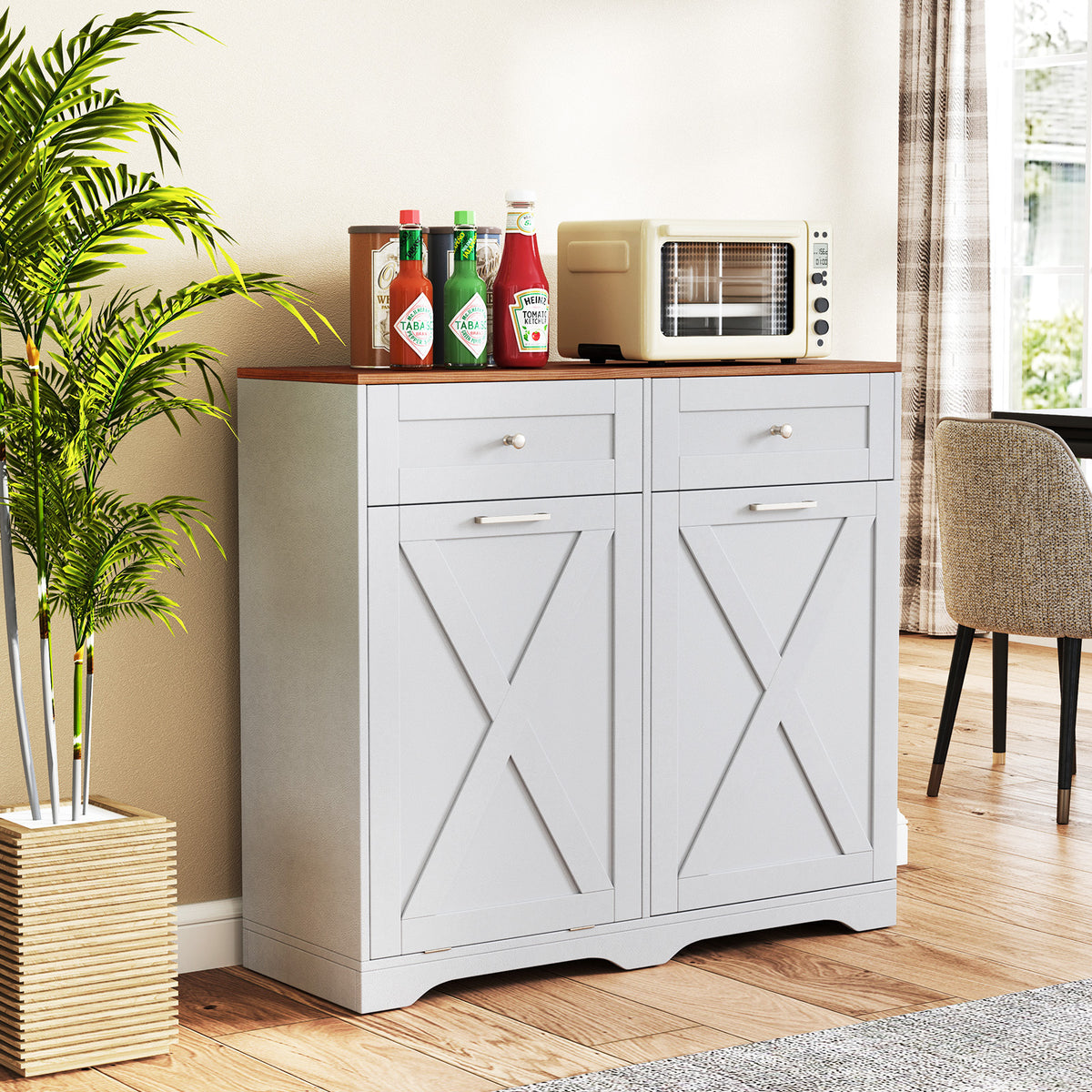 Tilt Out Trash Can Cabinet with Outlets and Adjustable Shelf for Kitchen-Grey