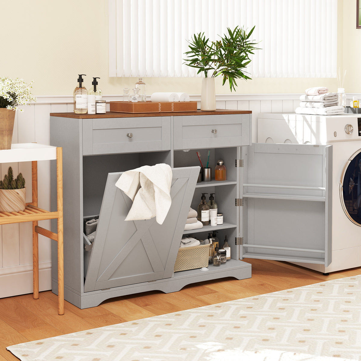 Tilt Out Trash Can Cabinet with Outlets and Adjustable Shelf for Kitchen-Grey