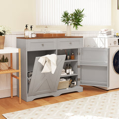 Tilt Out Trash Can Cabinet with Outlets and Adjustable Shelf for Kitchen-Grey