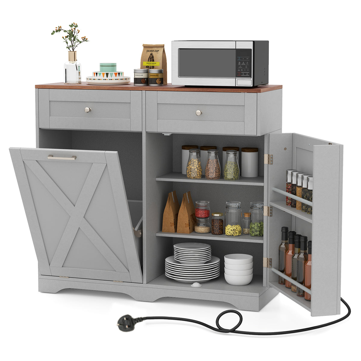 Tilt Out Trash Can Cabinet with Outlets and Adjustable Shelf for Kitchen-Grey