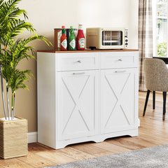 Tilt Out Trash Can Cabinet with Outlets and Adjustable Shelf for Kitchen-White