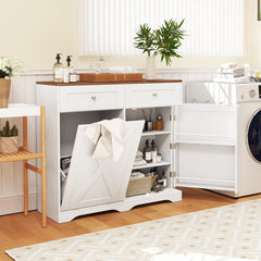 Tilt Out Trash Can Cabinet with Outlets and Adjustable Shelf for Kitchen-White