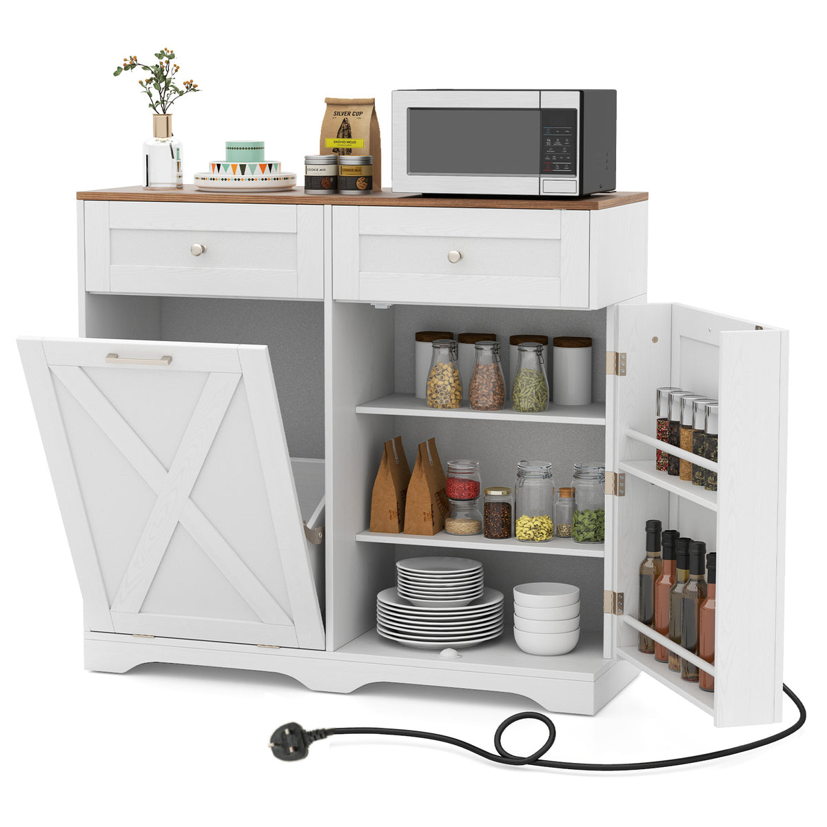Tilt Out Trash Can Cabinet with Outlets and Adjustable Shelf for Kitchen-White