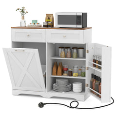 Tilt Out Trash Can Cabinet with Outlets and Adjustable Shelf for Kitchen-White