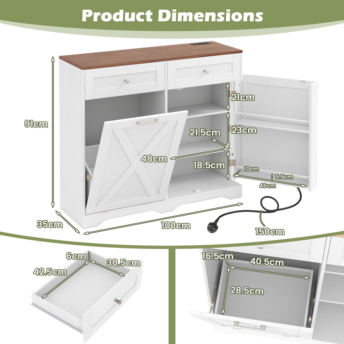 Tilt Out Trash Can Cabinet with Outlets and Adjustable Shelf for Kitchen-White