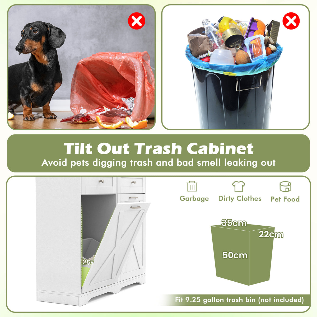 Tilt Out Trash Can Cabinet with Outlets and Adjustable Shelf for Kitchen-White