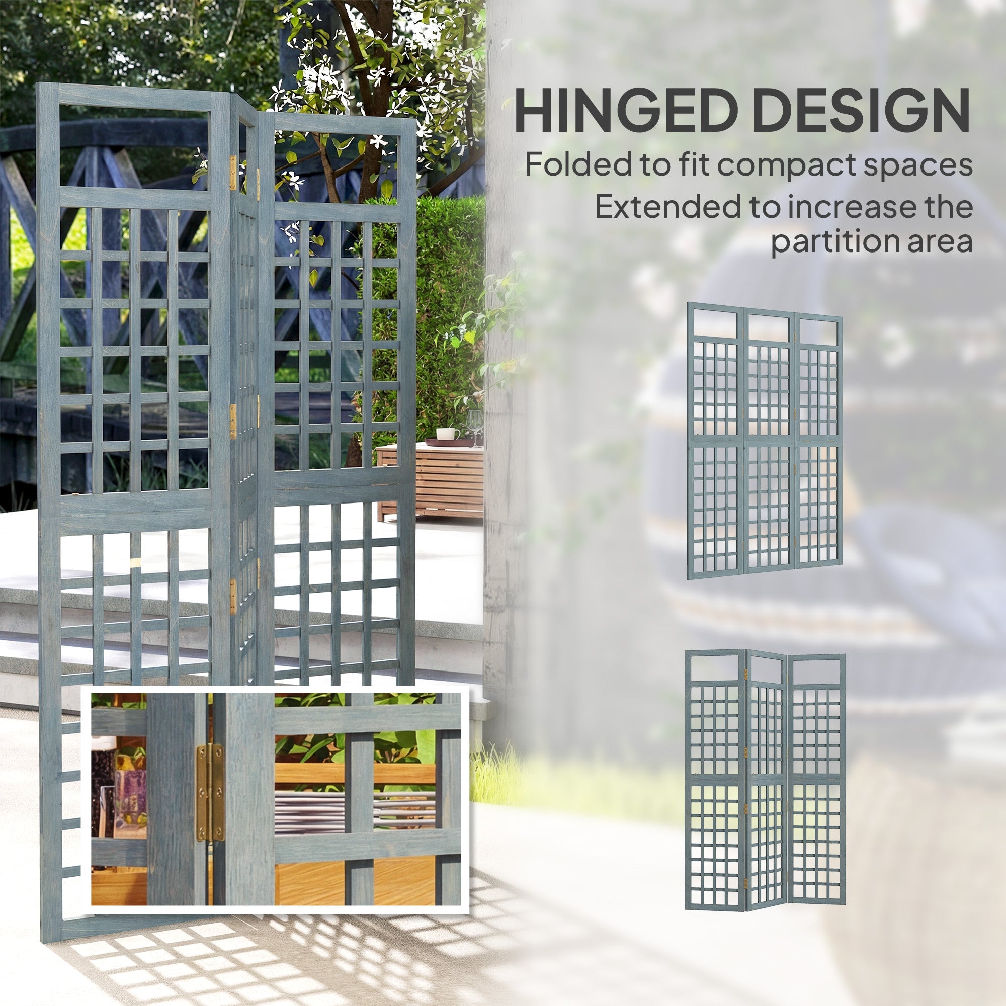 Outsunny 3-Panel Garden Privacy Screen, Freestanding Foldable Wooden Outdoor Divider/Trellis, Decorative Privacy Screen, Grey
