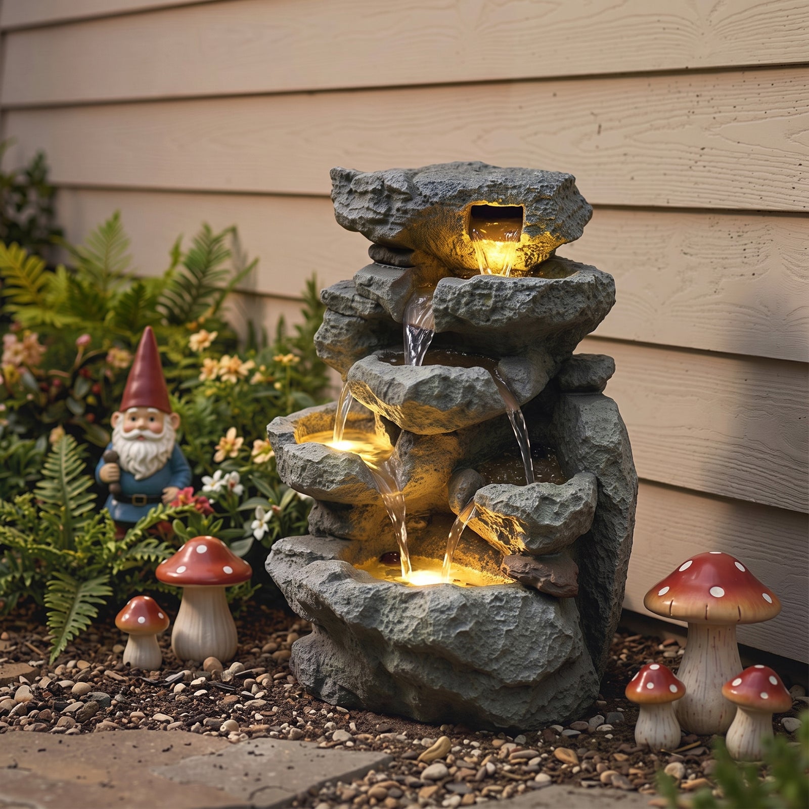 Outsunny Outdoor Fountain with 6-Tier Rock Design, Waterfall Feature with LED Lights, Resin Freestanding Garden Fountain, Grey