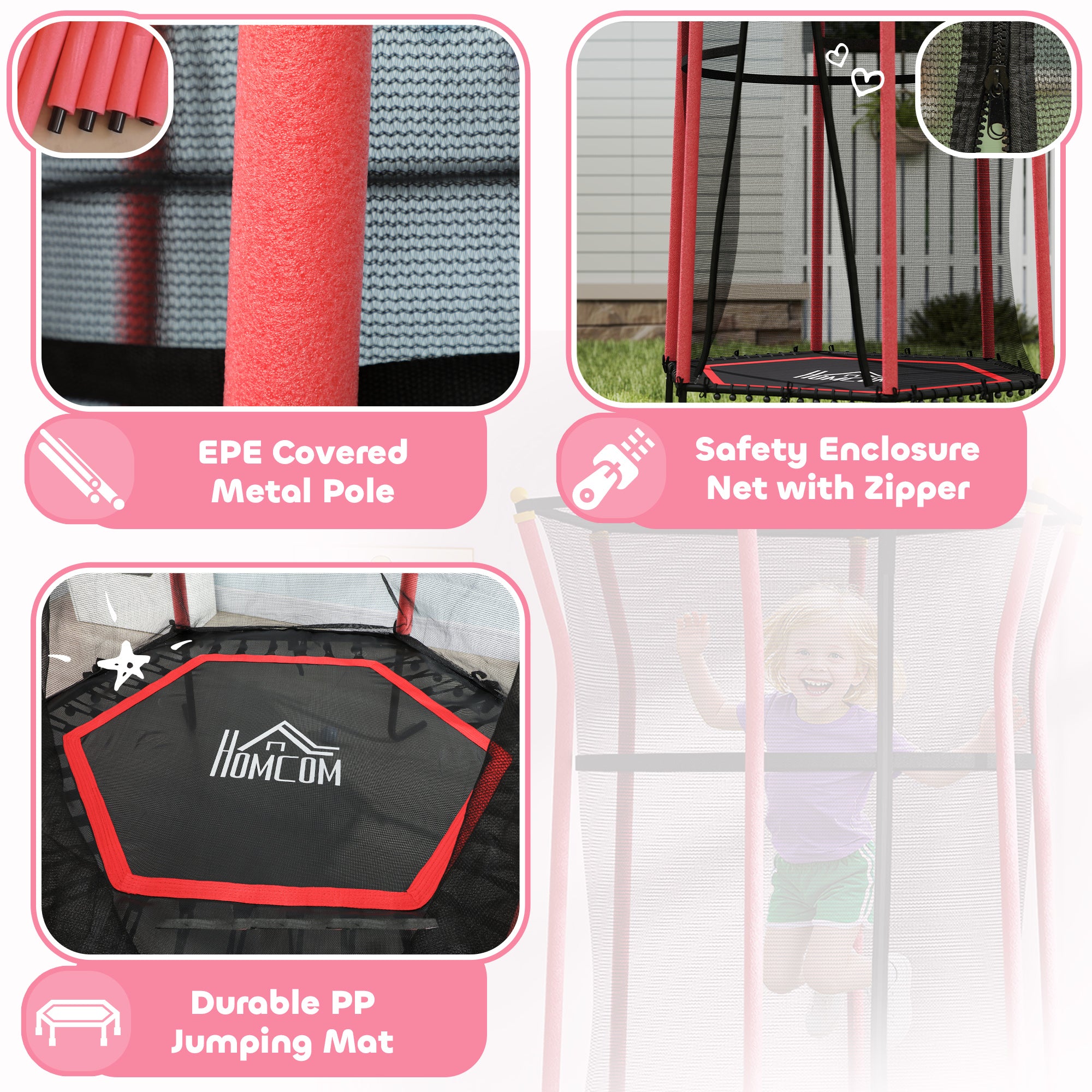 HOMCOM Kids Trampoline Mini Bouncer with Enclosure Safety Net For Ages 3-10 Years - Red