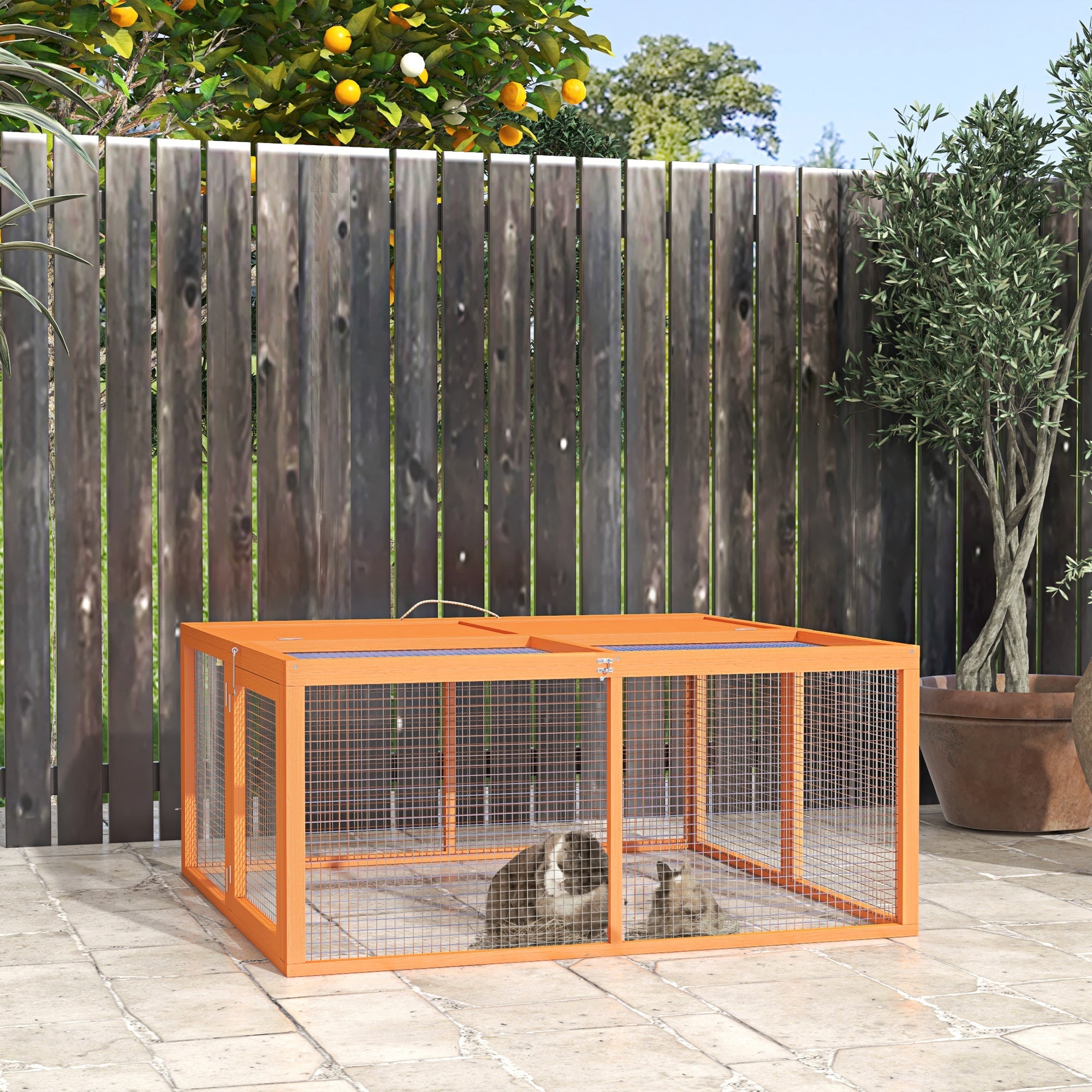 PawHut Wooden Folding Rabbit Hutch, for 2-3 Rabbits - Orange