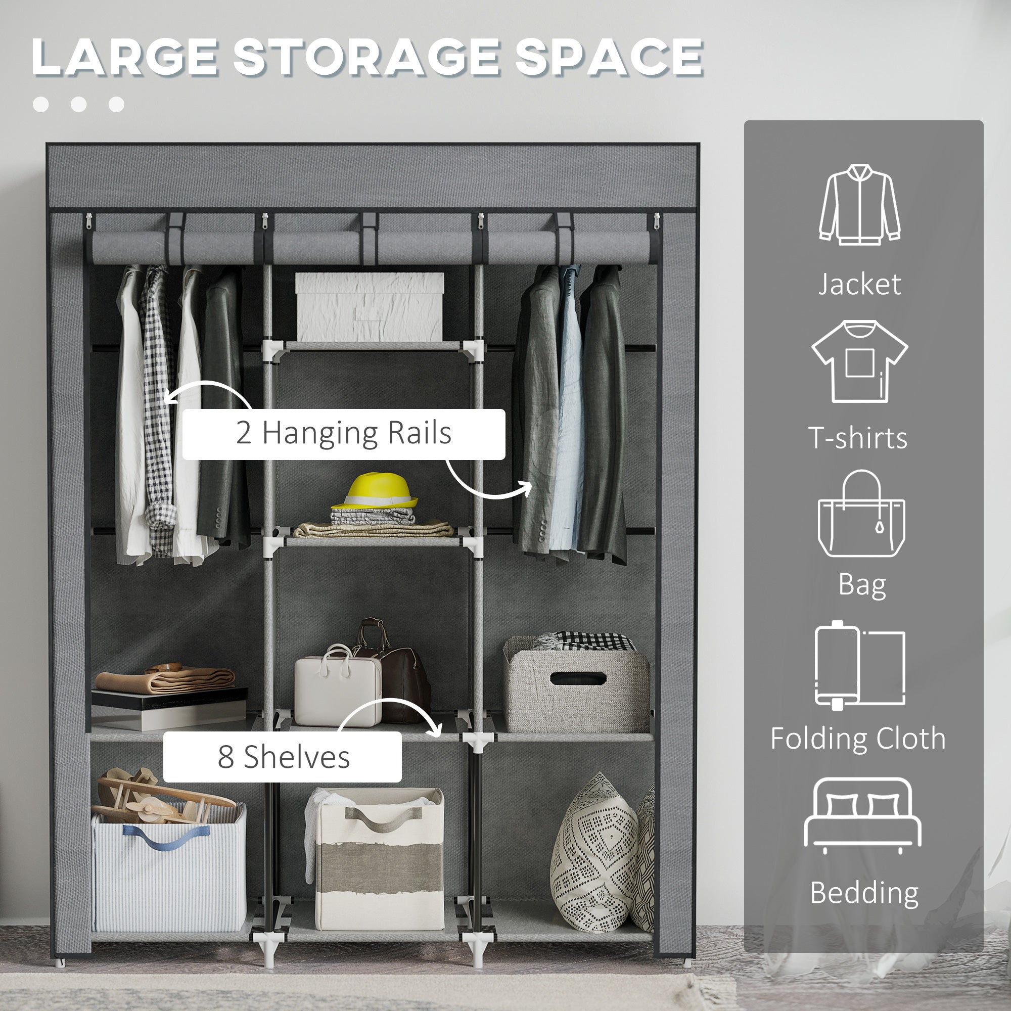 HOMCOM Fabric Wardrobe, with Rails and Shelves - Dark Grey