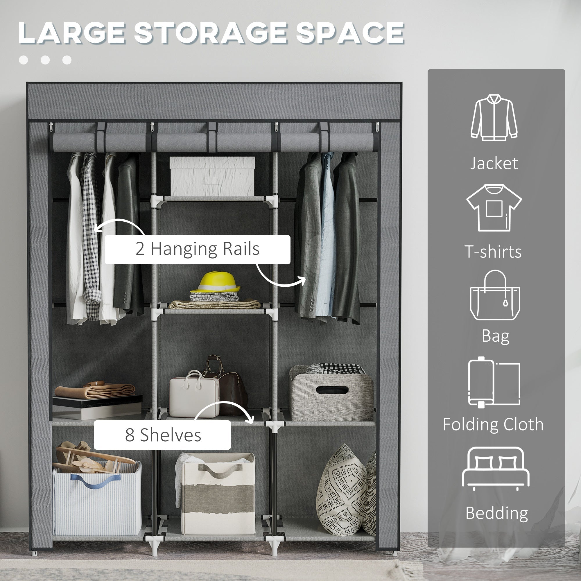 HOMCOM Fabric Wardrobe, with Rails and Shelves - Dark Grey