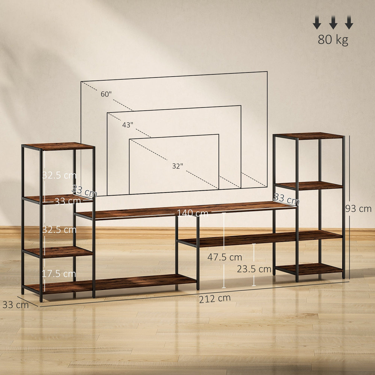 HOMCOM TV Unit for TVs up to 60 Inches, Industrial TV Stand with Storage Shelves, Entertainment Centre for Living Room, Bedroom
