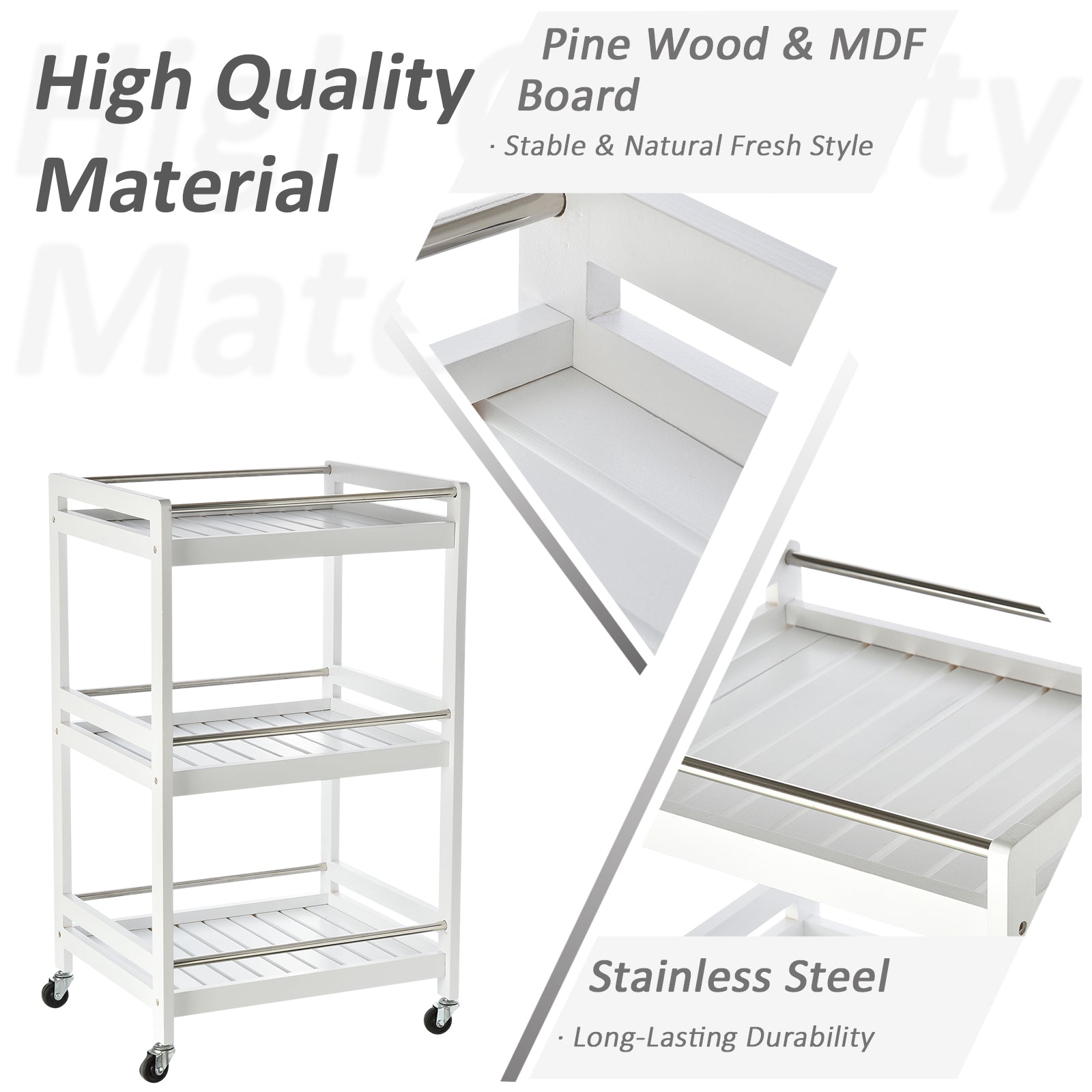 HOMCOM 3-Tier Home Trolley Kitchen Storage Cart w/ Steel Bars 4 Universal Wheels Rolling Unit Organiser Living Room White