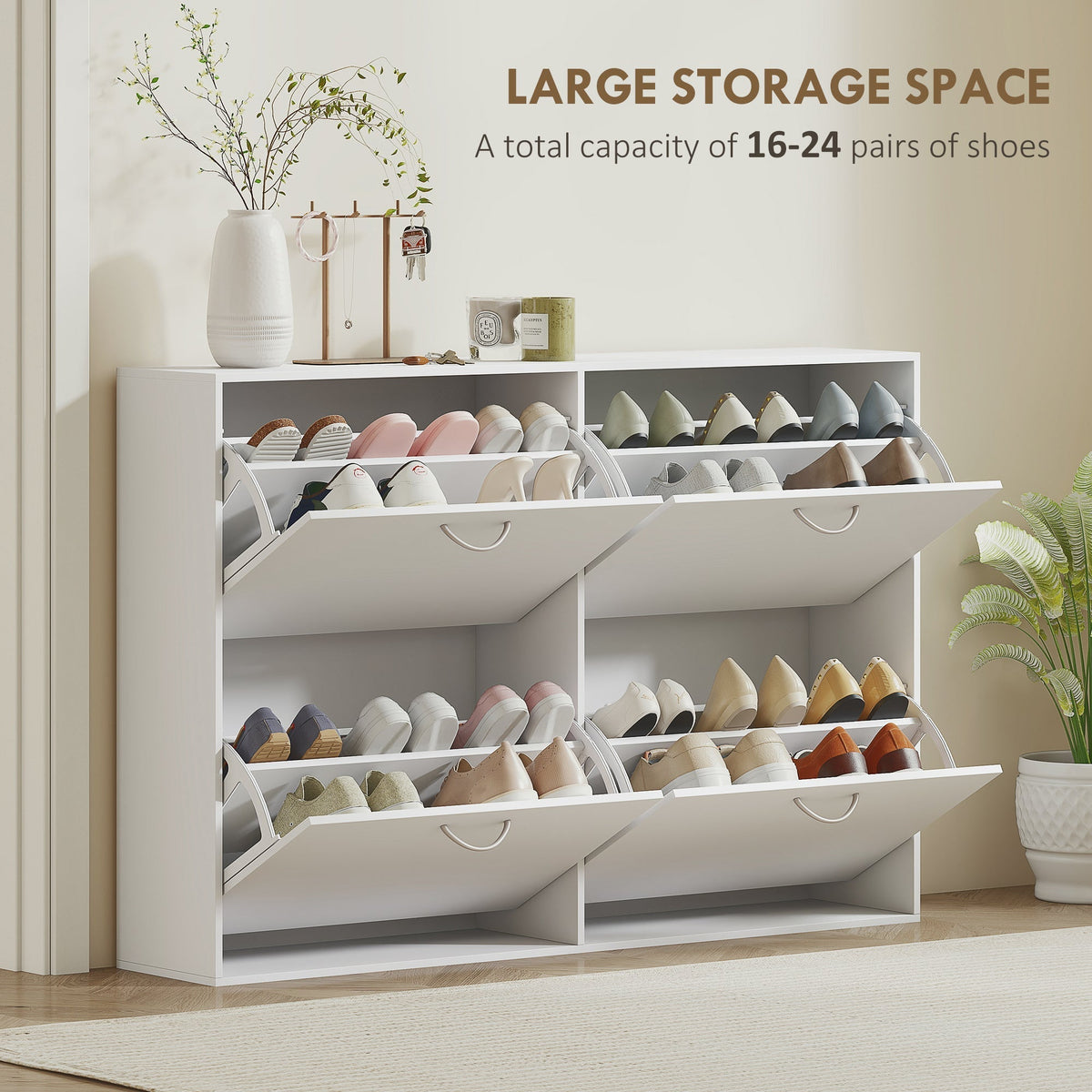 HOMCOM Wooden Modern Design 4 Drawer Shoes Cabinet Pull Down Shelf Storage Organiser - White