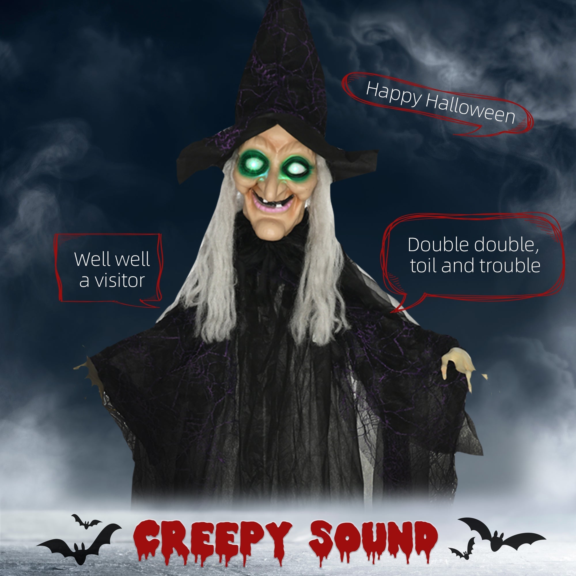 HOMCOM 6ft Outdoor Halloween Decoration Witch, Hanging Witch Prop Life Size with Sound and Motion Activated, Light Up Eyes, Talking Sound, Posable Arms