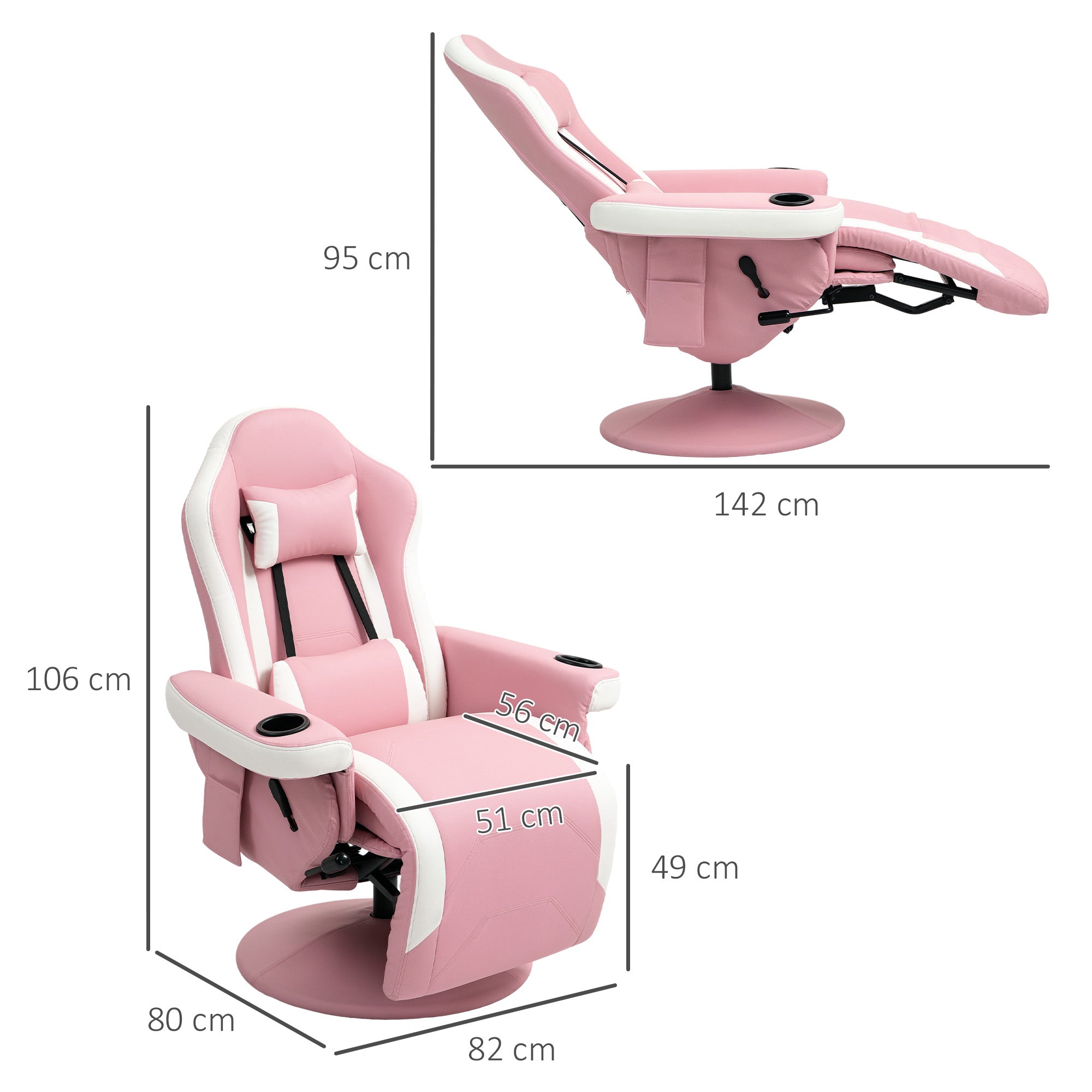 HOMCOM Manual Recliner Armchair PU Leather Lounge Chair w Adjustable Leg Rest, 135√Ç¬∞ Reclining Function, 360√Ç¬∞ Swivel, Pink