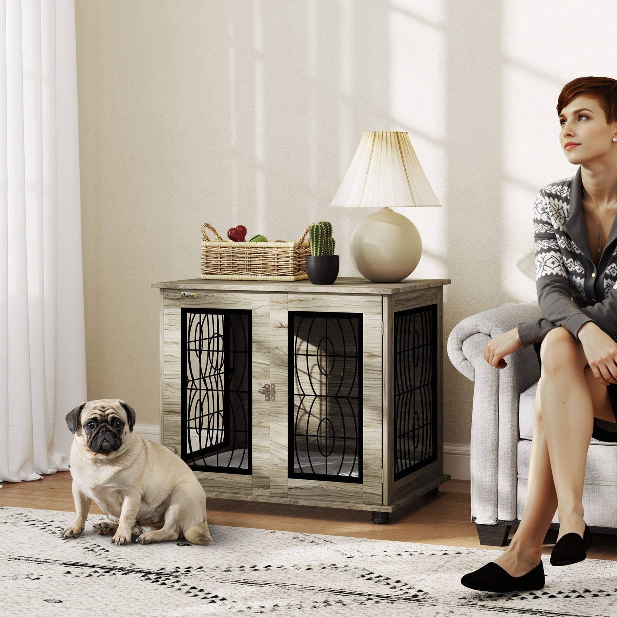 PawHut Indoor Dog Crate Furniture End Table with Soft Washable Cushion, Lockable Front Door, for Medium Dogs - Black