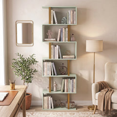 HOMCOM S-Shaped Bookshelf, 5-Tier Bookcase, Freestanding Storage Shelves with Anti-Tip Strap for Living Room, Light Green