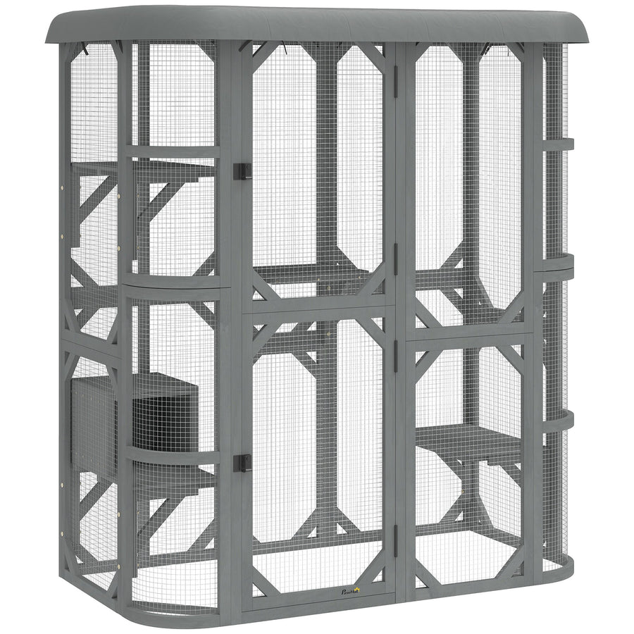 PawHut Catio Outdoor Cat Enclosure,  Wooden Cat House with Platforms, Condo and Waterproof Cover for 2â3 Kittens, Grey