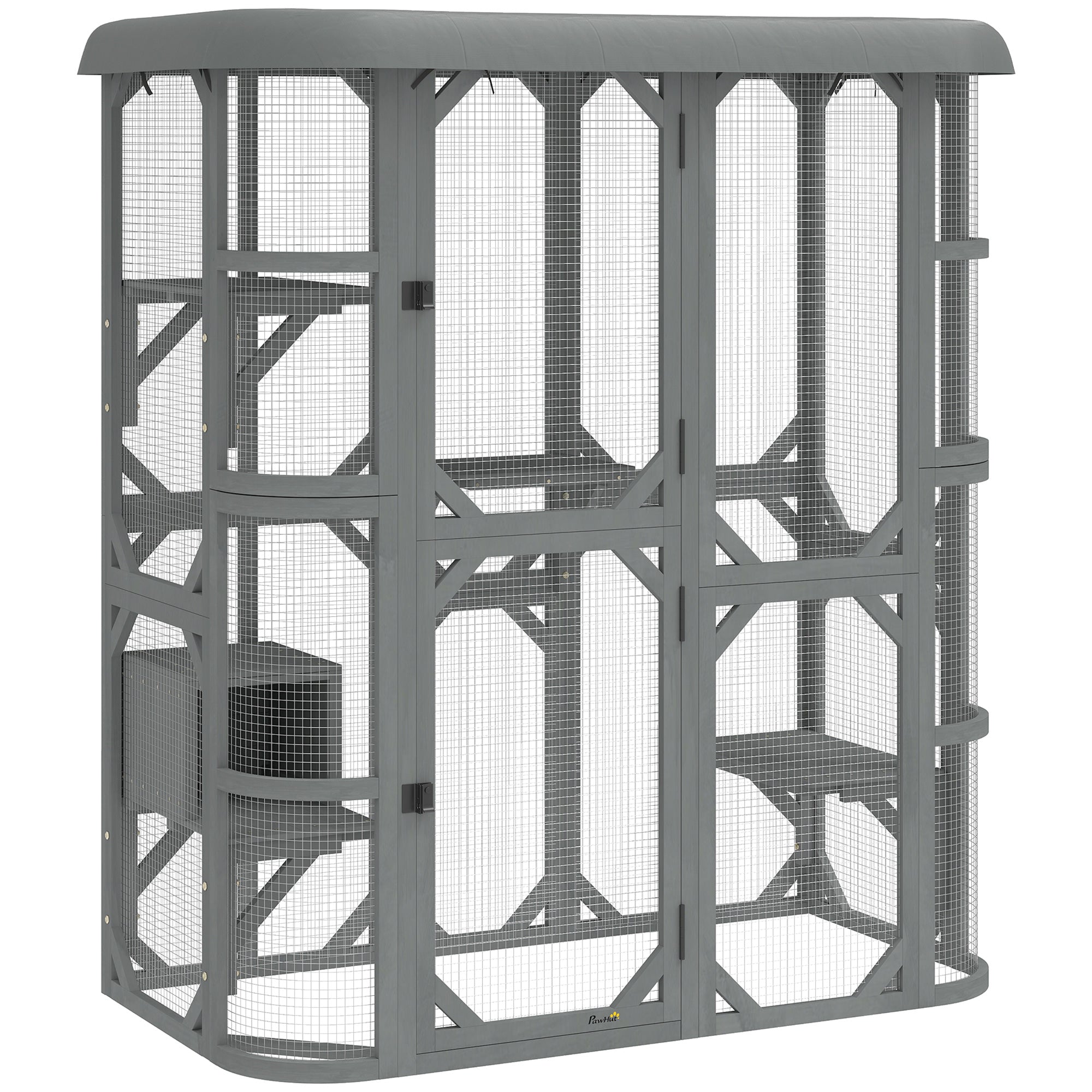 PawHut Catio Outdoor Cat Enclosure, Wooden Cat House with Platforms, Condo and Waterproof Cover for 2“3 Kittens, Grey