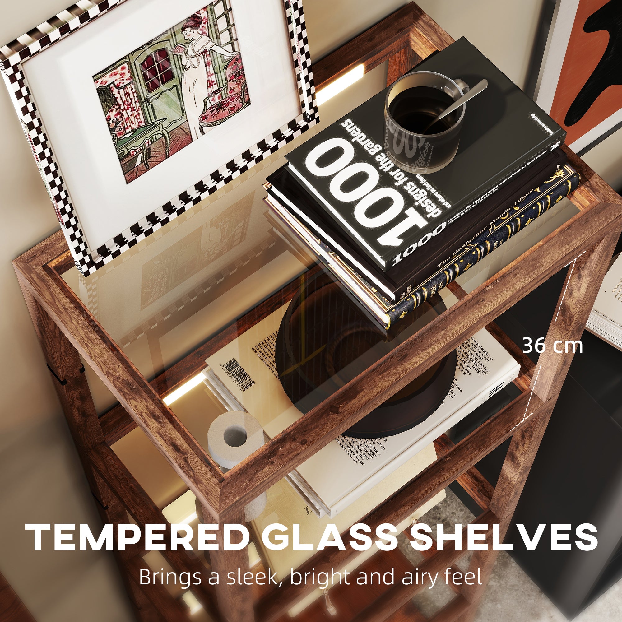 HOMCOM LED Floor Lamp with Glass Shelves, 4 Layers Dimmable Tall Standing Lamp, Modern Column Shelf Floor Light for Living Room, Bedroom, Office, Rustic Brown