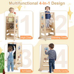 Toddler Standing Tower with Adjustable Height and Blackboard-Natural