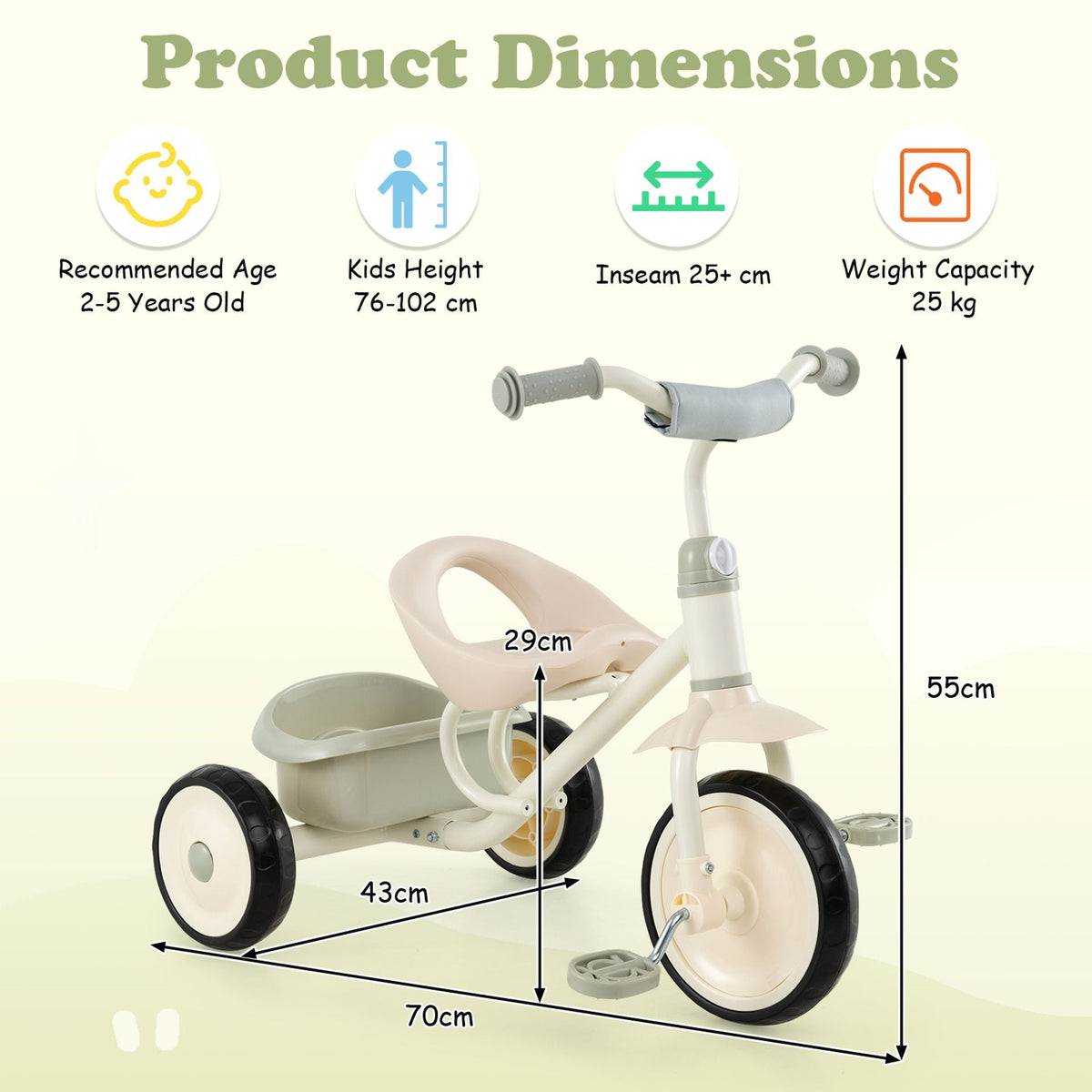 Toddler Tricycle with Removable Rear Storage Basket for Boys and Girls 2-5 Years Old-Green