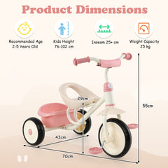 Toddler Tricycle with Removable Rear Storage Basket for Boys and Girls 2-5 Years Old-Pink