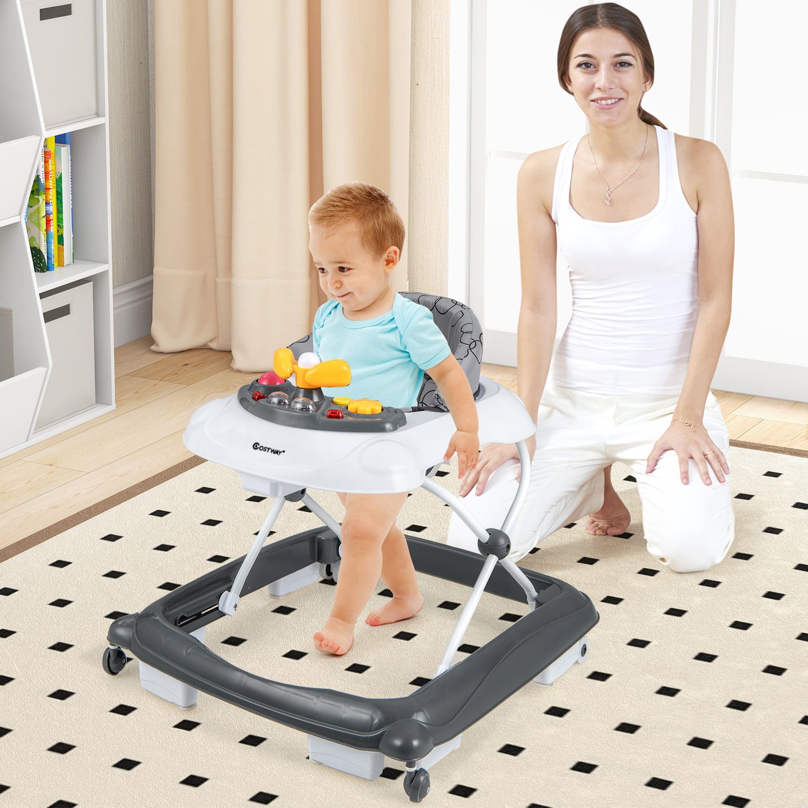 Foldable Baby Walker with 3 Adjustable Heights and Padded Seat-Grey