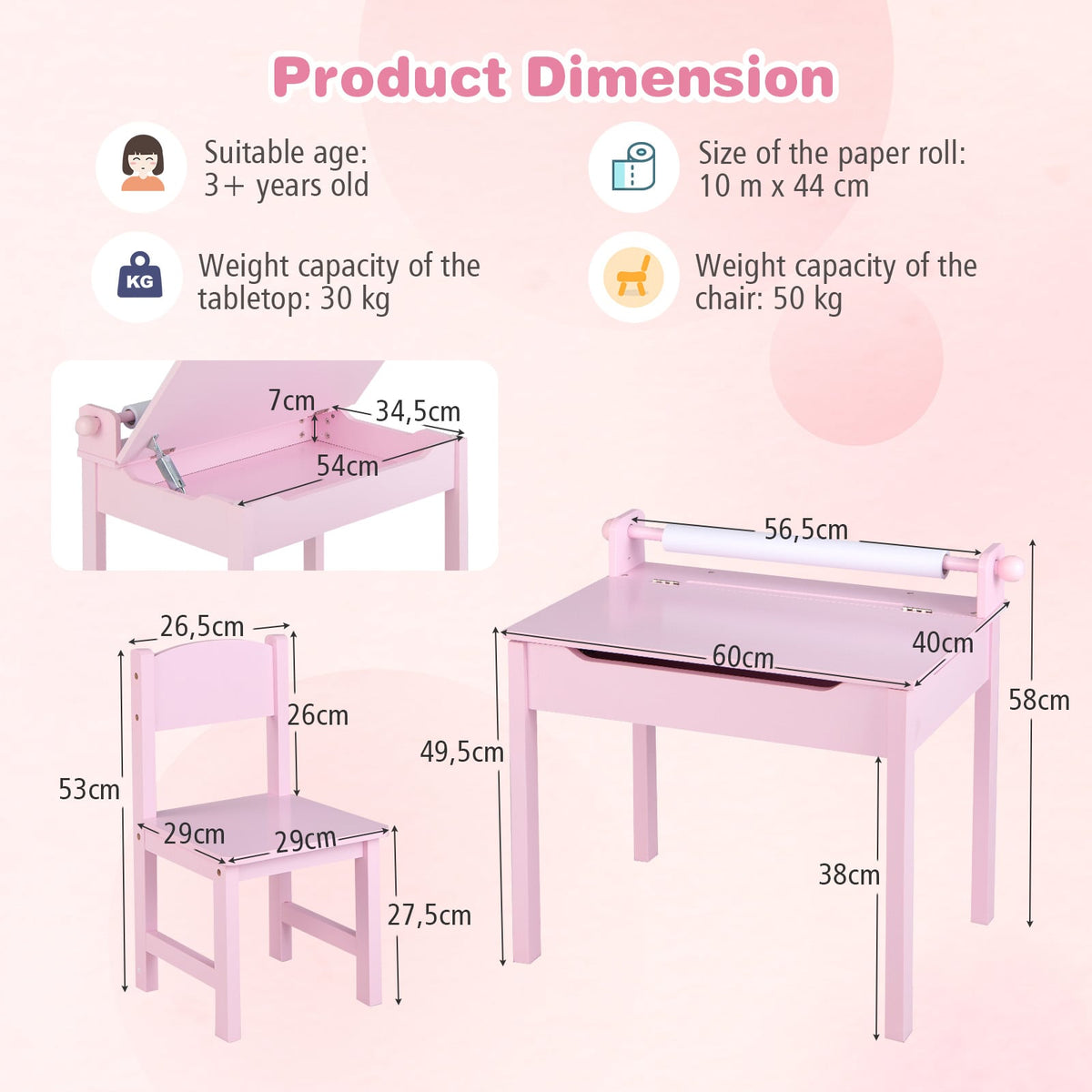 Toddler Activity Table with Chair with Storage and Paper Roll Holder-Pink