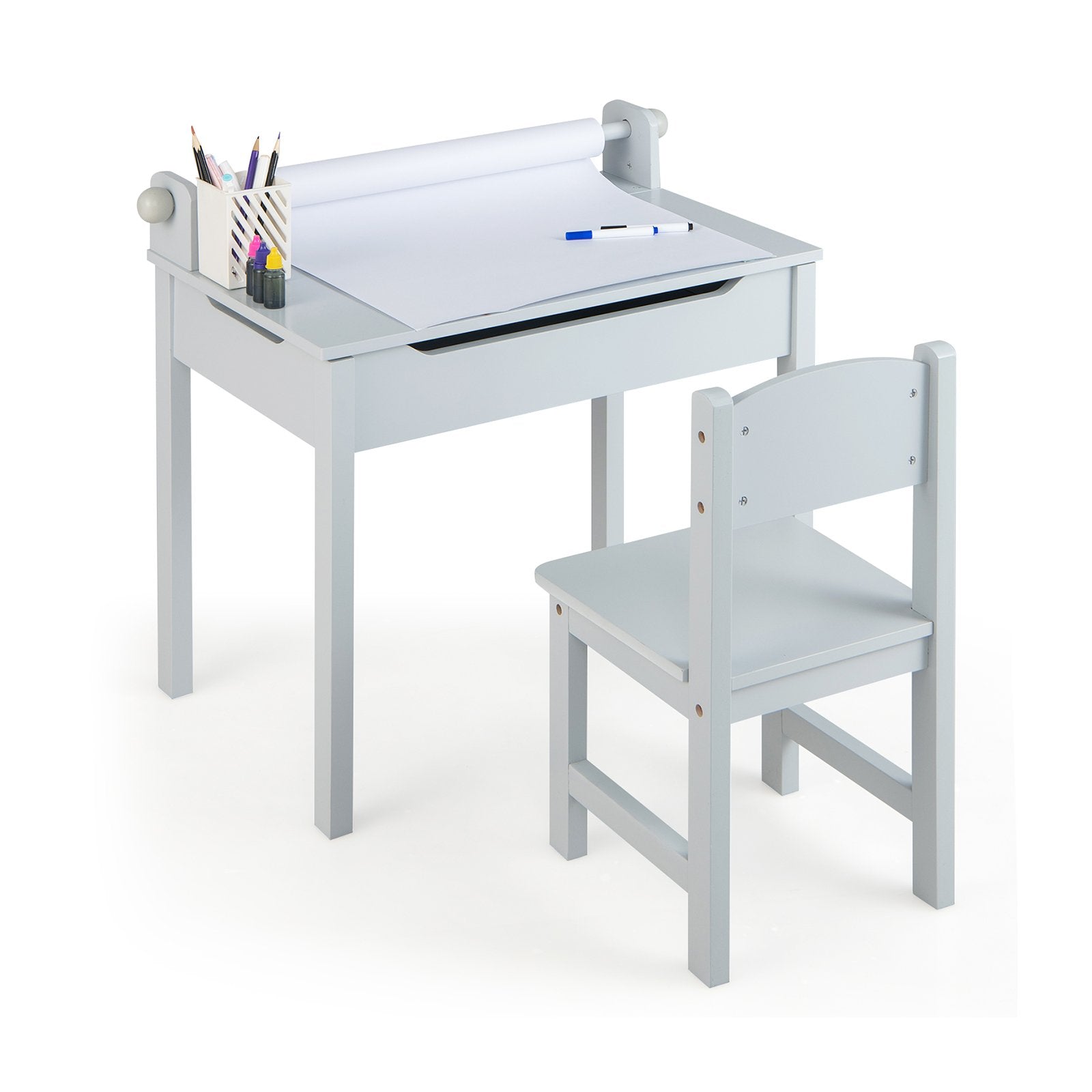 Toddler Activity Table with Chair with Storage and Paper Roll Holder-Grey