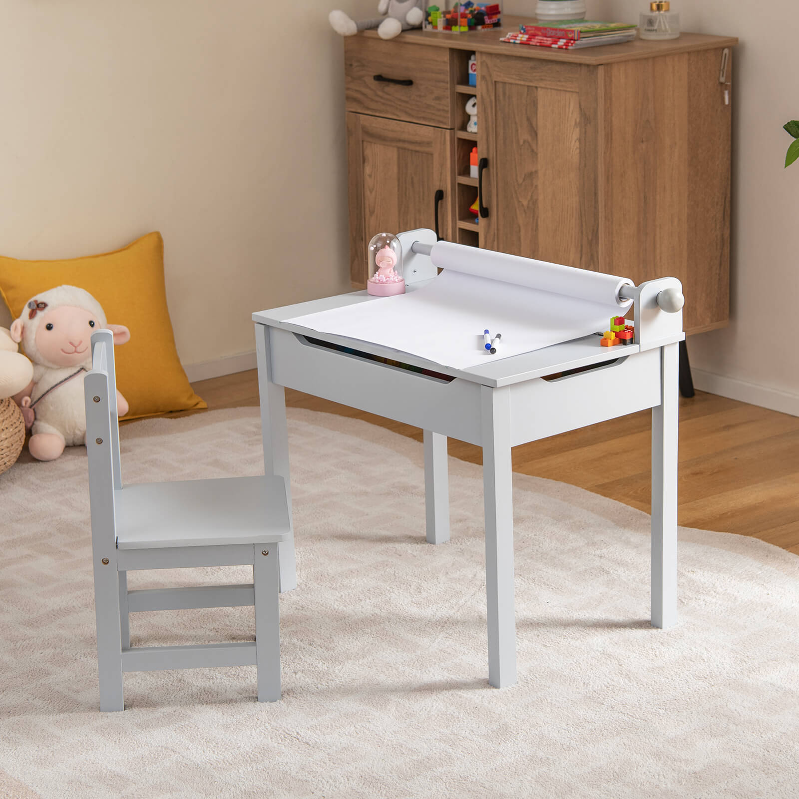 Toddler Activity Table with Chair with Storage and Paper Roll Holder-Grey