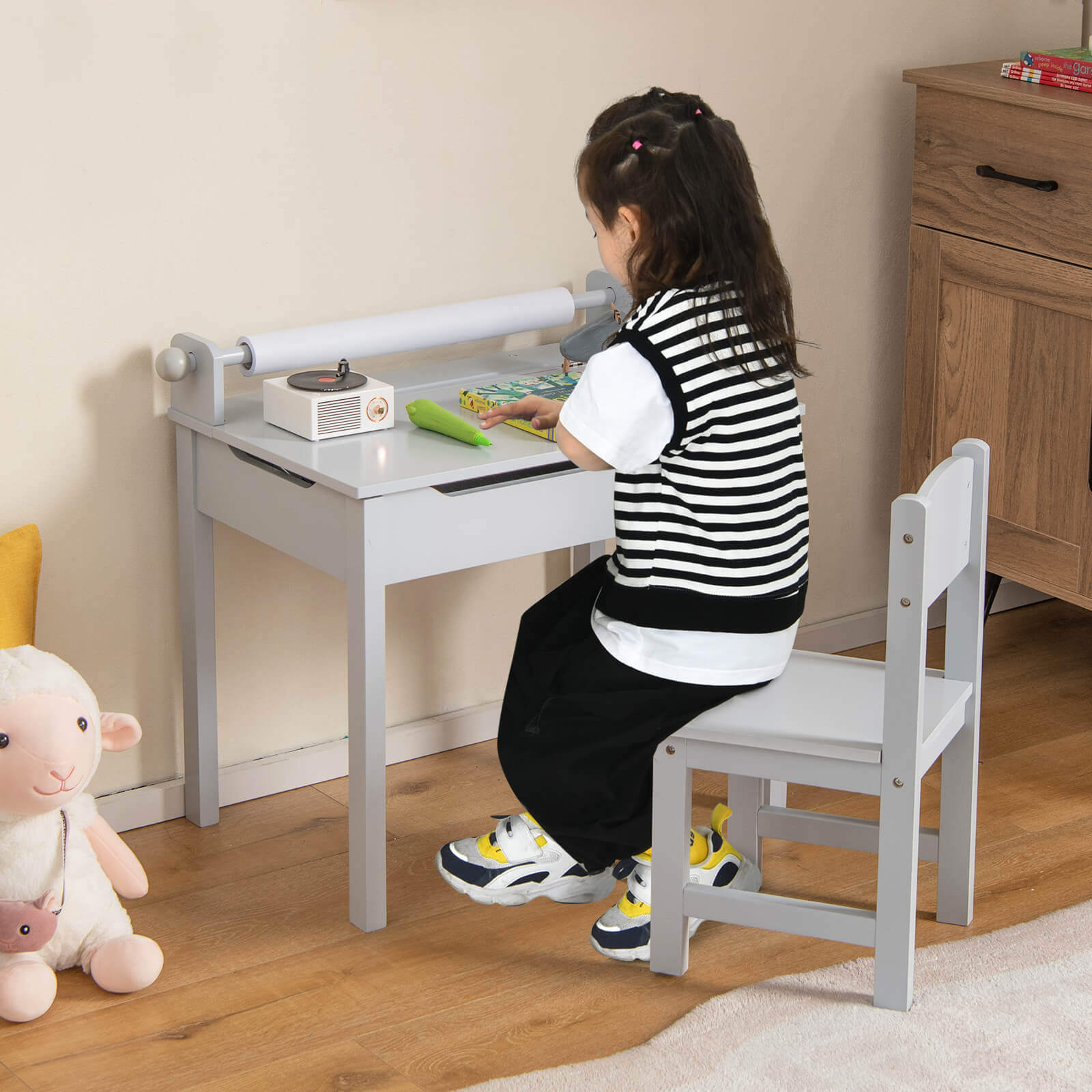 Toddler Activity Table with Chair with Storage and Paper Roll Holder-Grey