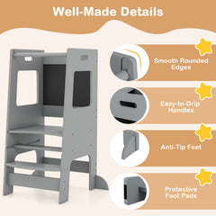Toddler Kitchen Step Stool with Activity Chalkboard and Adjustable Height-Grey