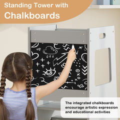 Toddler Kitchen Step Stool with Activity Chalkboard and Adjustable Height-Grey