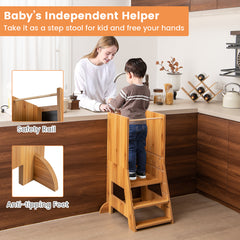 Toddler Kitchen Stool Helper with Chalkboard and Whiteboard-Natural