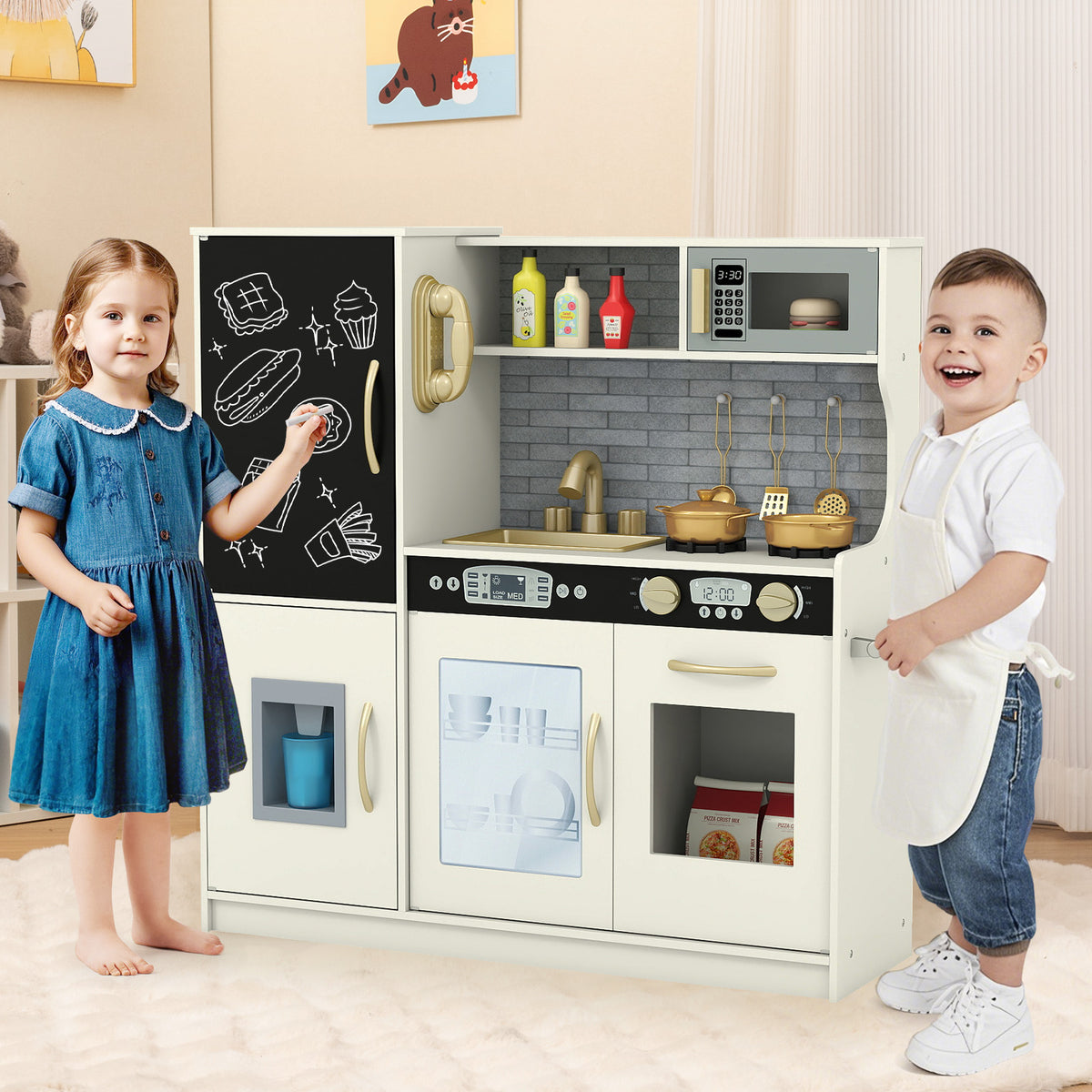 Toddler Pretend Kitchen Playset with Accessories and Simulated Sounds-Beige