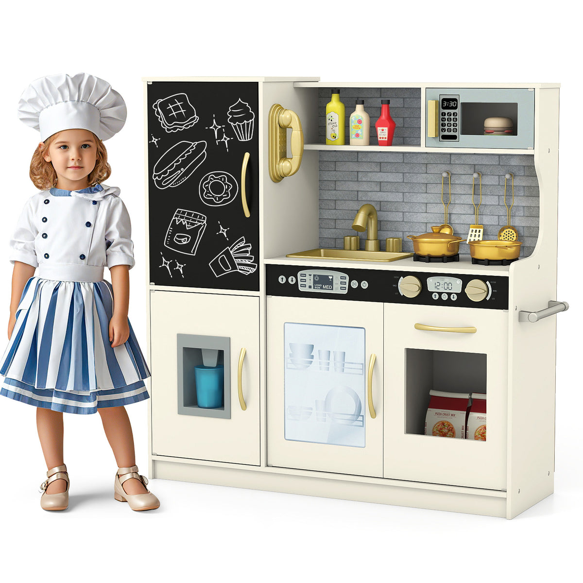 Toddler Pretend Kitchen Playset with Accessories and Simulated Sounds-Beige
