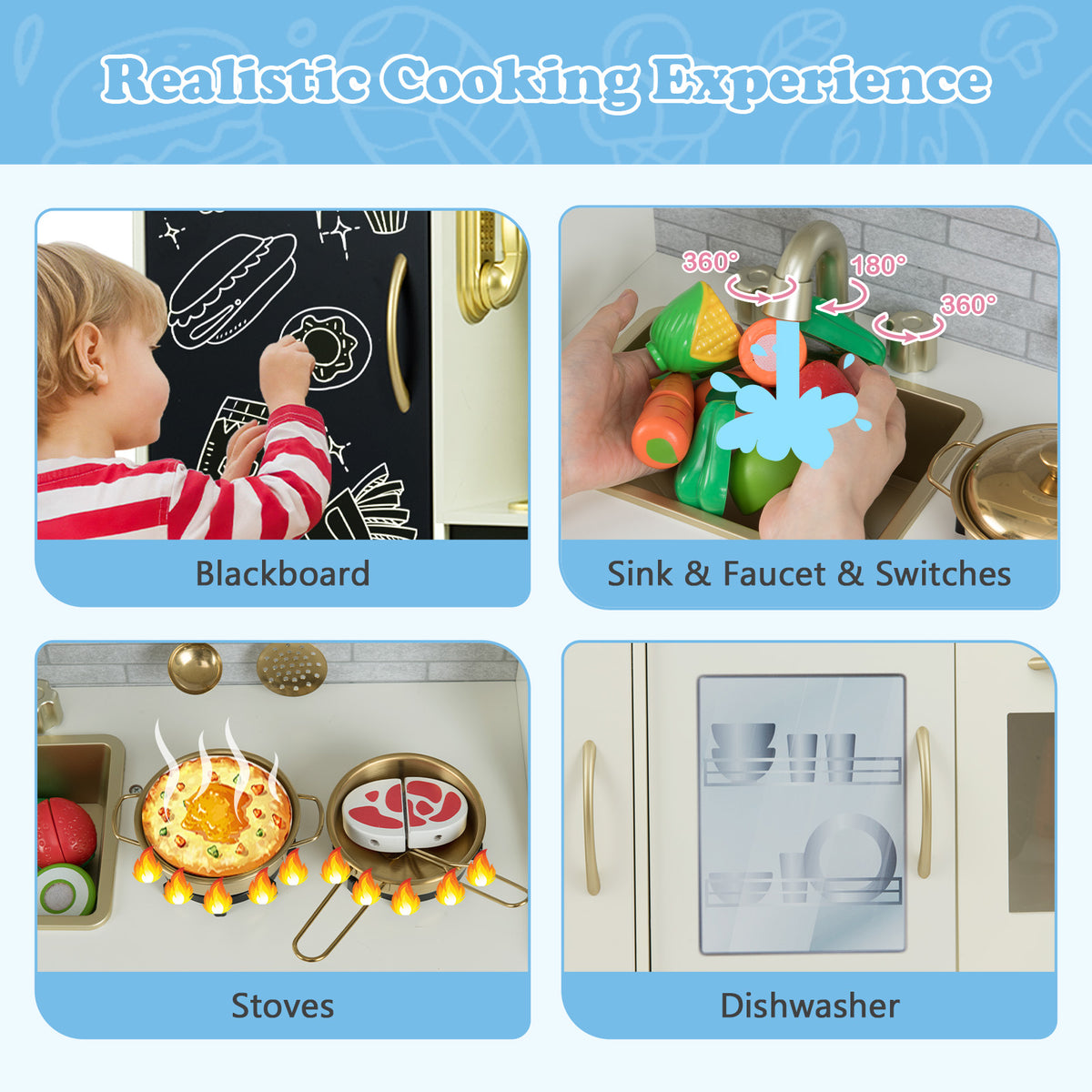 Toddler Pretend Kitchen Playset with Accessories and Simulated Sounds-Beige