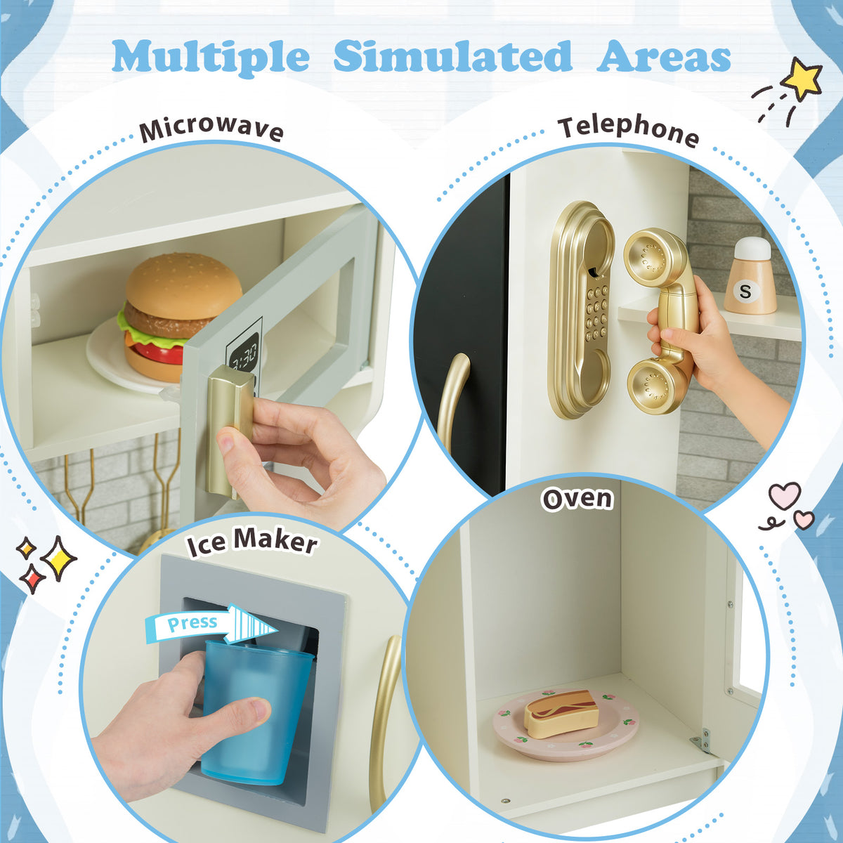 Toddler Pretend Kitchen Playset with Accessories and Simulated Sounds-Beige