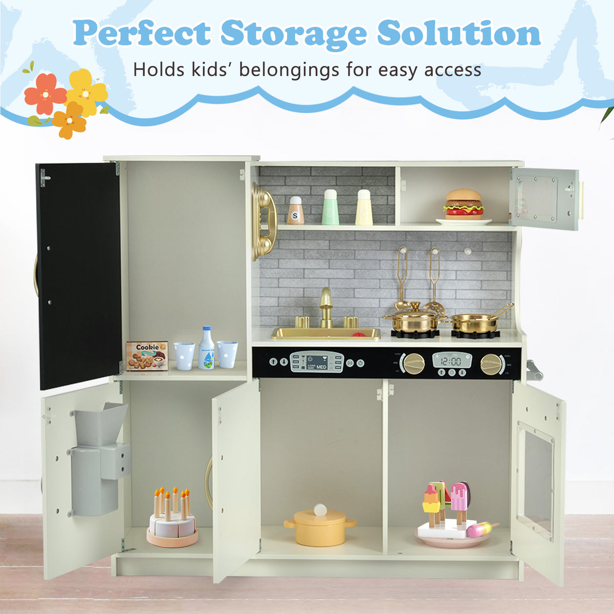 Toddler Pretend Kitchen Playset with Accessories and Simulated Sounds-Beige